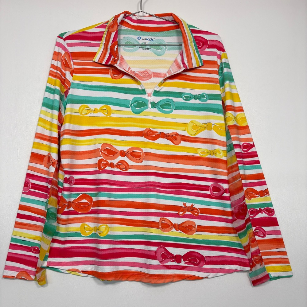 IBKÜL Women Pullover XL Multicolor Bow Stripe Quarter Zip Sun Shirt Mesh Golf